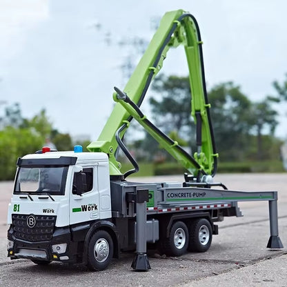 Caminhão de Bomba de Cimento com Reboque de Plataforma Elétrica 1:24, Brinquedos de Modelo, Carro de Liga Fundida, Portas Abríveis, Luz e Som, Veículo Presente para Menino