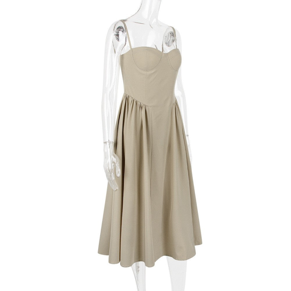 Summer Women Elegant Sleeveless Backless Pleated Dresses Lady Sexy Solid Sling M