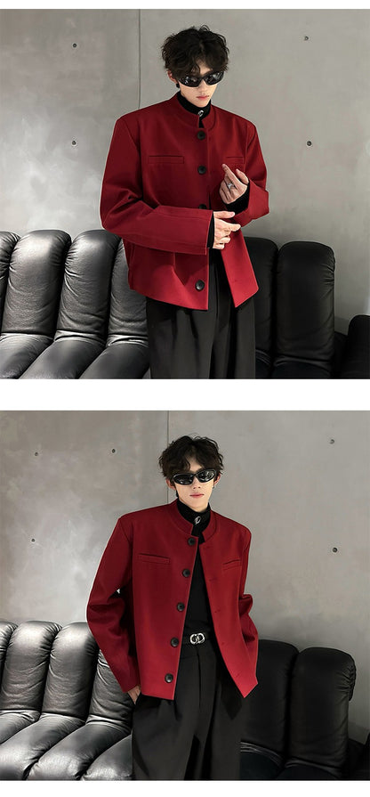 Wine Red Blazers Men Suit Jackets Casual Stand Collar Solid Color Male Short Coats Korean Trendy Men's Clothing Autumn New