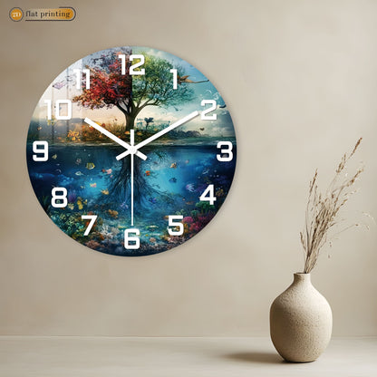 Tree of Life with Underwater Scene Wall Clock, Nature Harmony Theme Decor, Silent Quartz Movement Decorative Timepiece