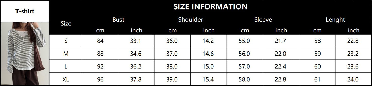 Stripe Button Long Sleeve T-shirt Slim Fit Fake Two-piece Women's Top 2025 Autumn Fashion Casual Long Sleeve Tops