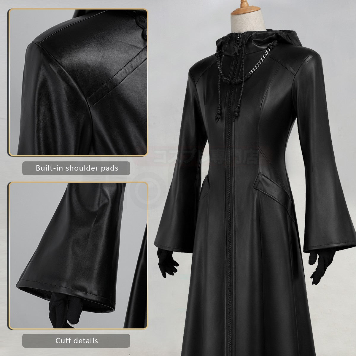 HOLOUN Organization XIII Cosplay Costume Game KH Convention Halloween Christmas Black Hooded Faux Leather Coat Necklace Gloves