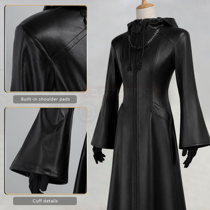 HOLOUN Organization XIII Cosplay Costume Game KH Convention Halloween Christmas Black Hooded Faux Leather Coat Necklace Gloves