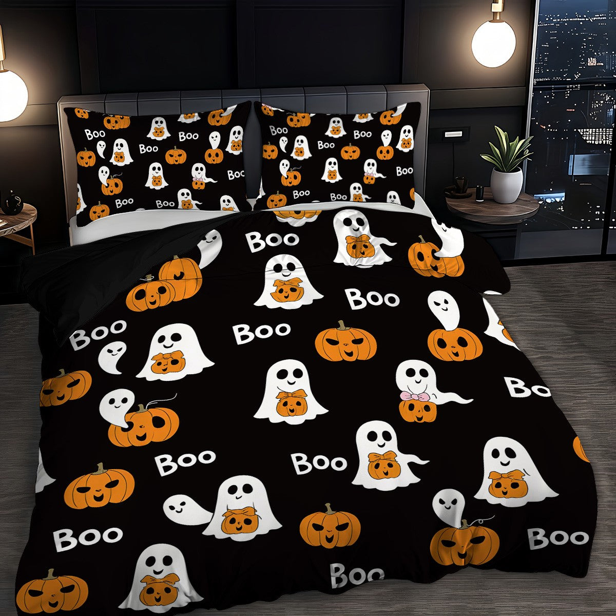 3 capas de edredom fofas de fantasma de Halloween, 1 capa de edredom + 2 fronhas, sem enchimento. Conjunto de cama macio e confortável, lavável à máquina