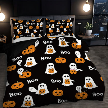 3 capas de edredom fofas de fantasma de Halloween, 1 capa de edredom + 2 fronhas, sem enchimento. Conjunto de cama macio e confortável, lavável à máquina