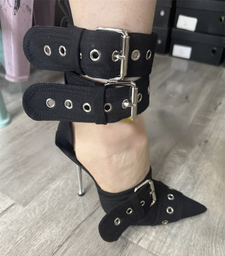 Denim Metal Rivet Buckle Silver Sandals Women's Sexy Punk Style Pointed Metal Hollow 12cm High Heels Size 34-43 Womens Shoes