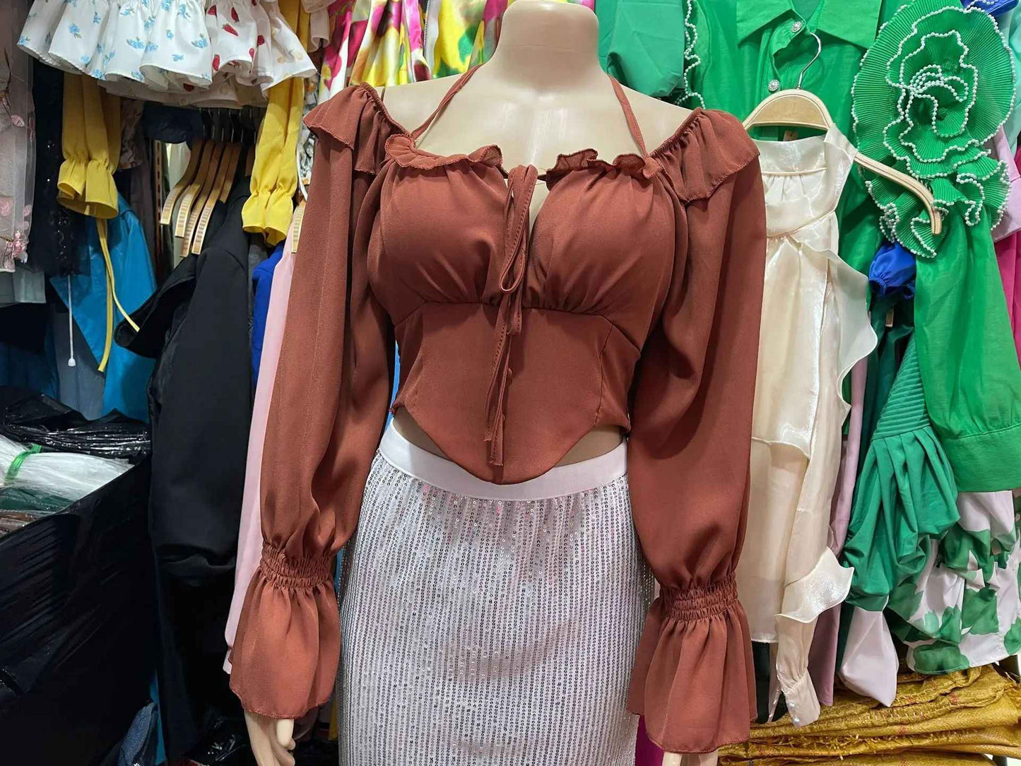 Pure Desire Aesthetic Women's Off-shoulder Top Slimming Cropped Blouse Halter Neck Flare Sleeveless Shirt Stylish Slimming