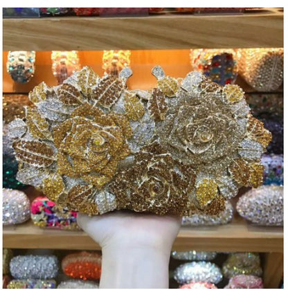 Golden Silver Luxury Crystals Evening Bags Fashion Rose Flower Diamonds Clutch Bags Soiree Purse Women Wedding Bride Handbags