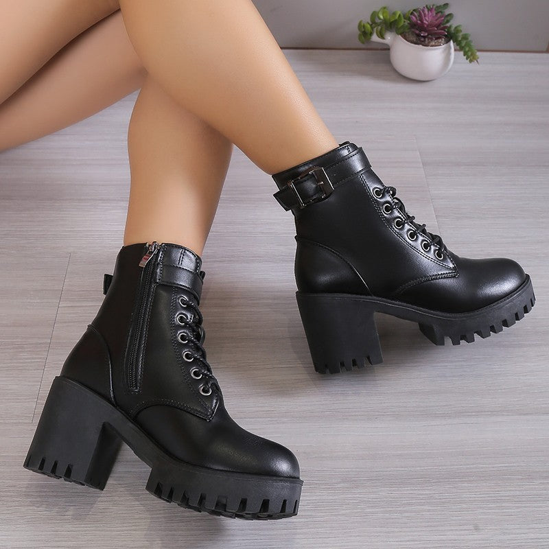Winter New Fashion Comfortable Elegant Square with Women's Shoes Side Zipper Round Head Solid Color Simple Thick Heel Boots
