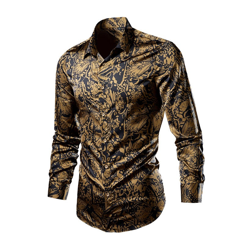QJ CINGA Brand Men Leopard Print Long-sleeved Shirt, White Single-breasted Button-down Collar Printed Shirts, Asian Size M-6XL