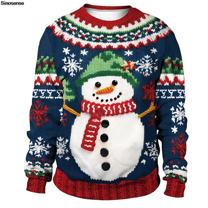 Men Women Tacky Xmas Sweatshirt 3D Christmas Snowflakes Print Holiday Party Jumpers Tops Pullover Snowman Ugly Christmas Sweater