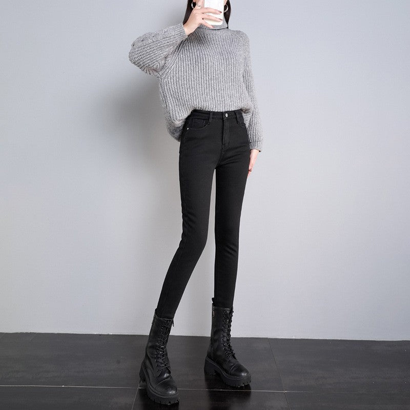 New Women Thermal Jeans Winter Snow Warm Plush Stretch Jeans Lady Skinny Thicken Students Denim Pants Fleece Mom Fur Trousers