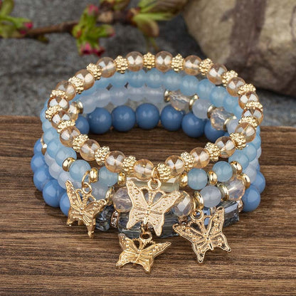 Conjunto de Pulseiras Femininas Boho com 4 Peças, Borboleta, Cristais e Miçangas, Joias da Moda, Presente para Festas
