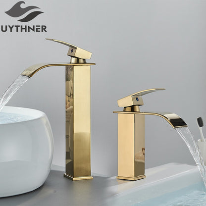 Brushed Golden Basin Faucets Elegant Waterfall Bathroom Sink Faucet Single Lever Hole Deck Mount Brass  Mixer Taps