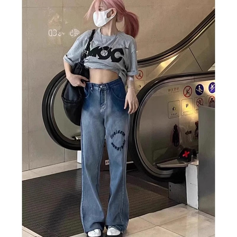 Lace Teddy Bear Embroidered Patchwork Design Wide leg Jeans 2025 Spring New High Waisted fit Slimming Casual Jeans for Commuting