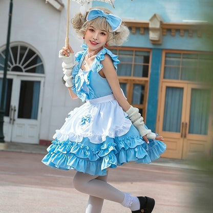 Japanese Cafe Blue Alice Maid Outfit, Cute Cosplay Puffy Dress, Sweet Princess Costume For Role Play Party Daily Casual Wear