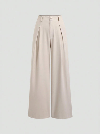 Women's Elegant Jacquard Pleating Wide-Leg Pants Office/Commuting Solid Color Loose Casual Suit Pants, Autumn/Winter