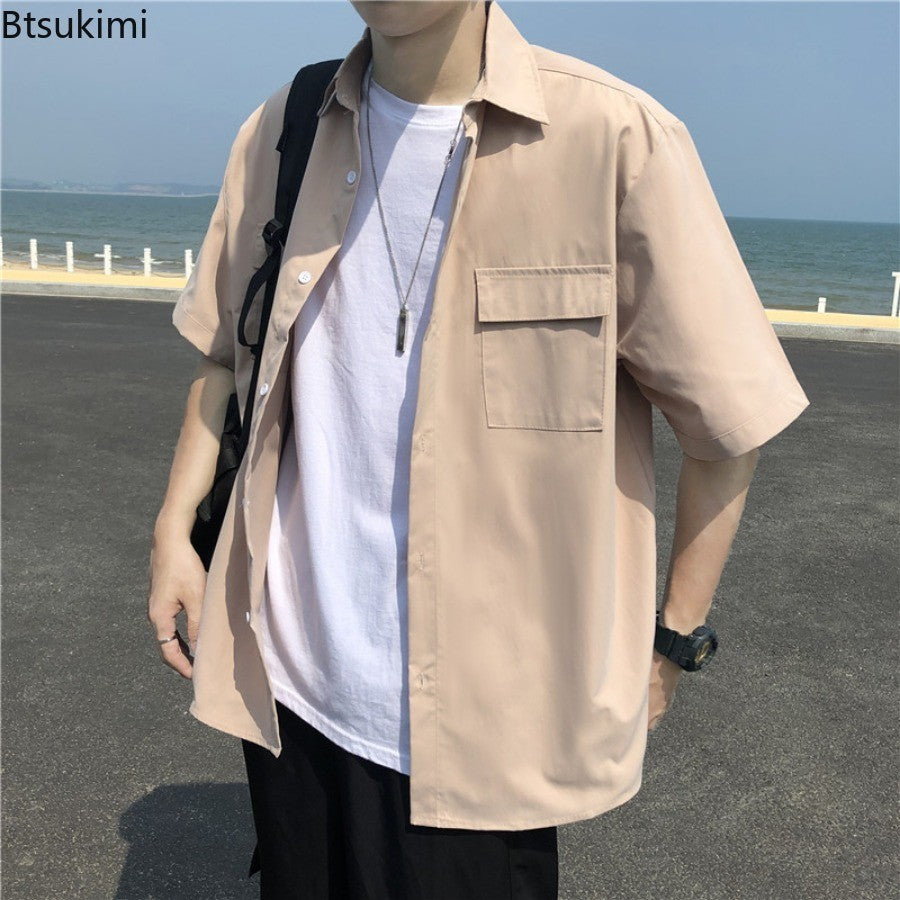 Summer Basic Shirts for Men 2025 New Half Sleeve Cargo Shirts Loose Casual Lapel Cardigan Tops Male Shirt Coats Retro Streetwear