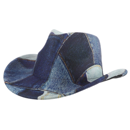 Western Cowboy Hat 56-58cm Polyester Patchwork Vintage Denim Print Wide Brim Flat Top Costume Cosplay Party Western Cowgirl Hat