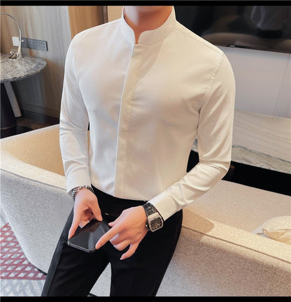 Men Standing Collar Shirt Long Sleeved 2024 Autumn British Style Solid Casual Hidden Button Elastic Slim Fit Formal Dress Shirt
