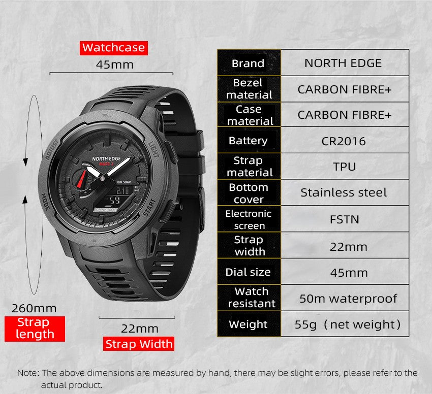 NORTH EDGE Mars 3 Men's Military Watch Digital Carbon Fiber Case For Man Waterproof 50M Sports Watches World Time LED Wristwatch