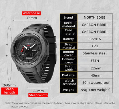 NORTH EDGE Mars 3 Men's Military Watch Digital Carbon Fiber Case For Man Waterproof 50M Sports Watches World Time LED Wristwatch