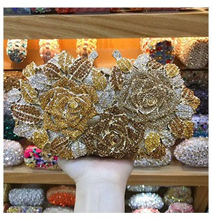 Golden Silver Luxury Crystals Evening Bags Fashion Rose Flower Diamonds Clutch Bags Soiree Purse Women Wedding Bride Handbags