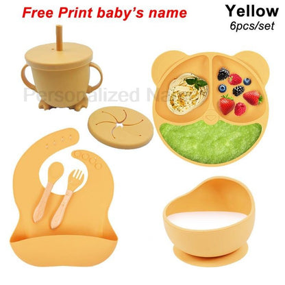 Personalized Name Tableware For Kids Silicone Suction Cup Plate Bowl Baby Feeding Set Children Dinner Dishes Bowl Spoon Cup