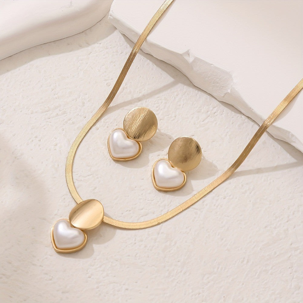 2pcs Set Minimalist Creative Gold Color Circular Heart-shaped Pendant Snake Bone Chain Necklace Earrings for Women Jewelry Sets