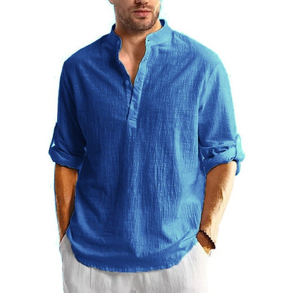 New Men's Linen Cotton Tshirts Long Sleeve Button Up Shirts Henley Beach Shirts Hawaiian T Shirts for Men Breathable Tops