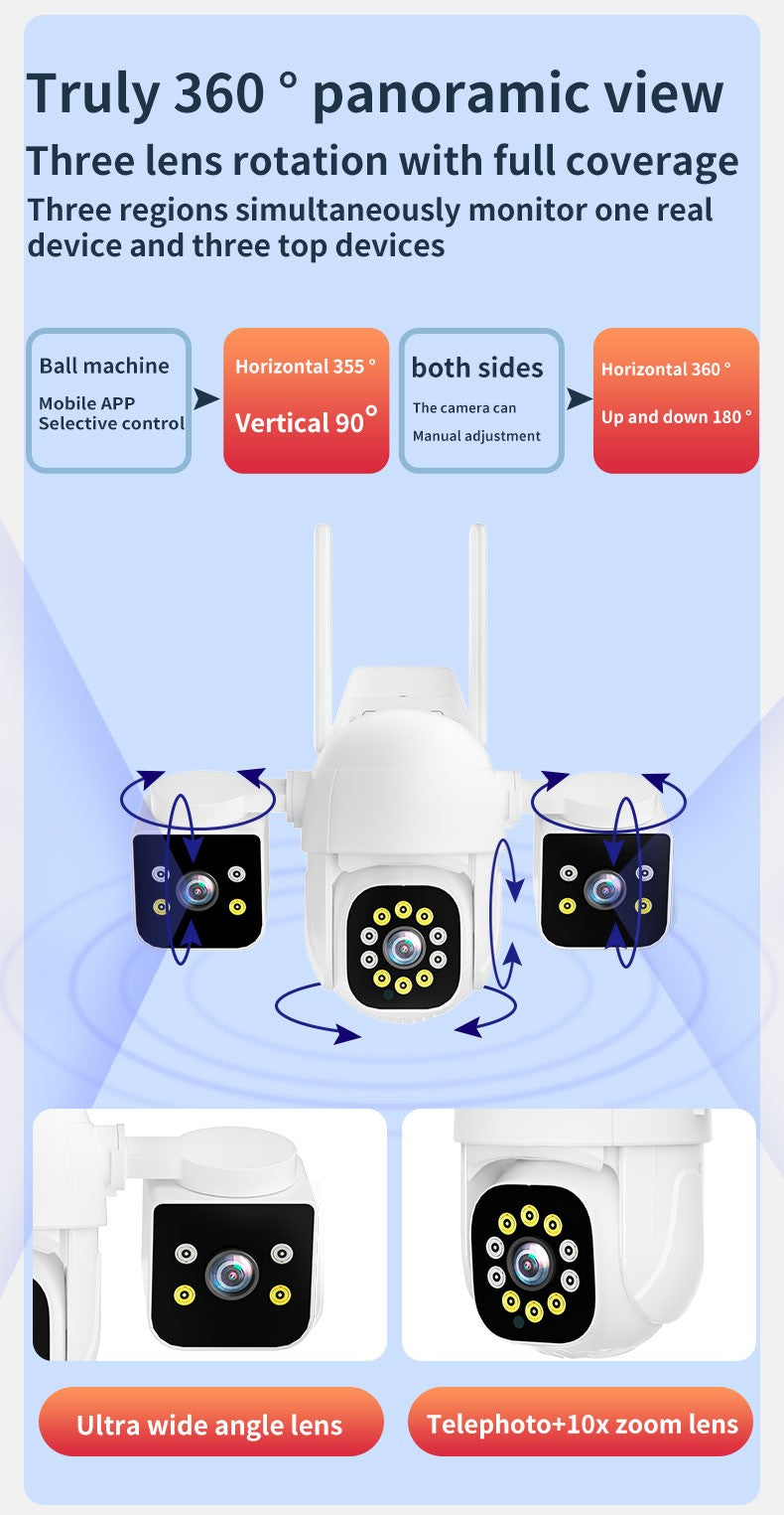 6K 12MP WiFi Surveillance Camera, 3 Lens 3 Screens,10X Digital Zoom, AI Human Detect, 8mp Outdoor Security PTZ IP Cameras