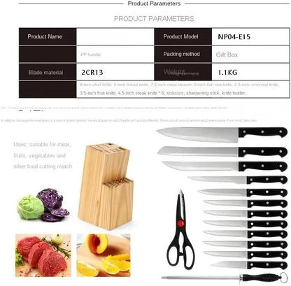 Conjunto de Facas de Cozinha 15 Peças com Bloco de Madeira, Conjunto de Facas de Bife de Aço Inoxidável e Tesoura, Conjunto de Facas Profissional