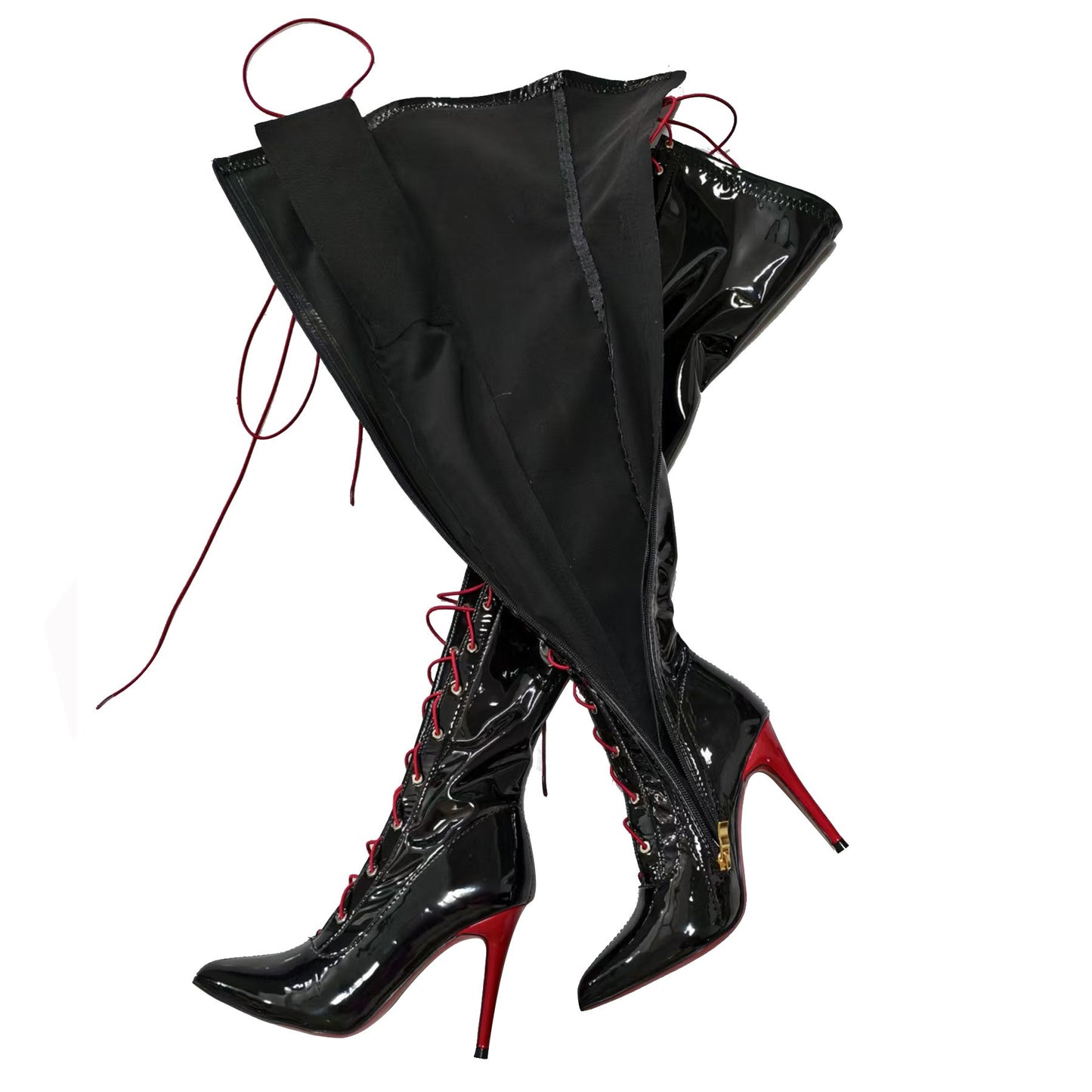 13CM Thin Heel Black Lace-up Over the knee Boots Woman Fetish Pointy Toe Boots Elastic Leather Thigh High Sexy Women Party Shoes