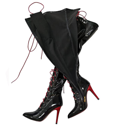 13CM Thin Heel Black Lace-up Over the knee Boots Woman Fetish Pointy Toe Boots Elastic Leather Thigh High Sexy Women Party Shoes