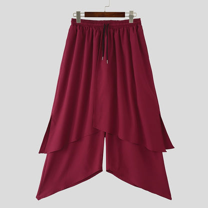 INCERUN Men Irregular Pants Solid Color Drawstring Loose Casual Wide Leg Trousers Men Streetwear 2025 Fashion Male Skirts Pants