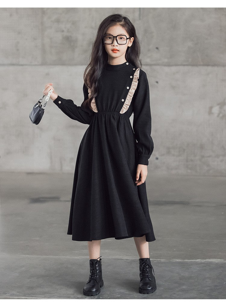 Girls' Dress New Style For  Children Stand Collar Waist-Cinching Slimming Mid-Length Dress Long Sleeve For Kids 5-12Y