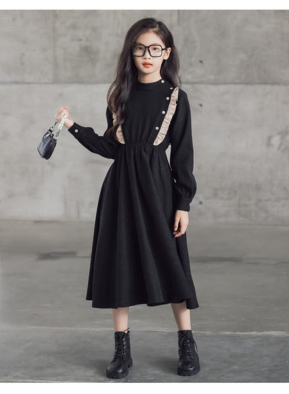 Girls' Dress New Style For  Children Stand Collar Waist-Cinching Slimming Mid-Length Dress Long Sleeve For Kids 5-12Y
