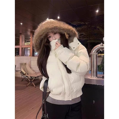 South District Fiona Women's Winter Jacket Navy Blue Cotton Short down Coat with Detachable Hood And Fur Collar