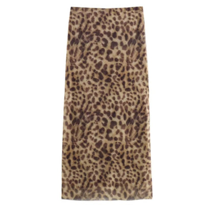 Women Leopard Tulle Midi Skirt 2024 Summer Fashion High Waist Elasticated Waistb