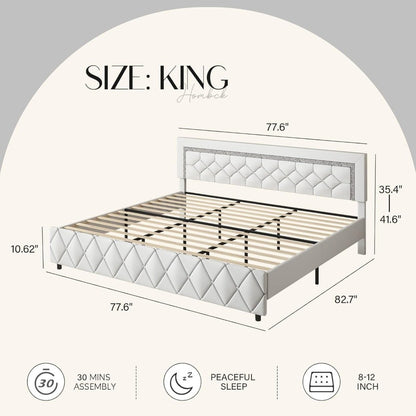 Cama King Size com Estrutura e Cabeceira Diamante, Plataforma Estofada em Couro Sintético, Base para Colchão, Não Requer Box Spring,