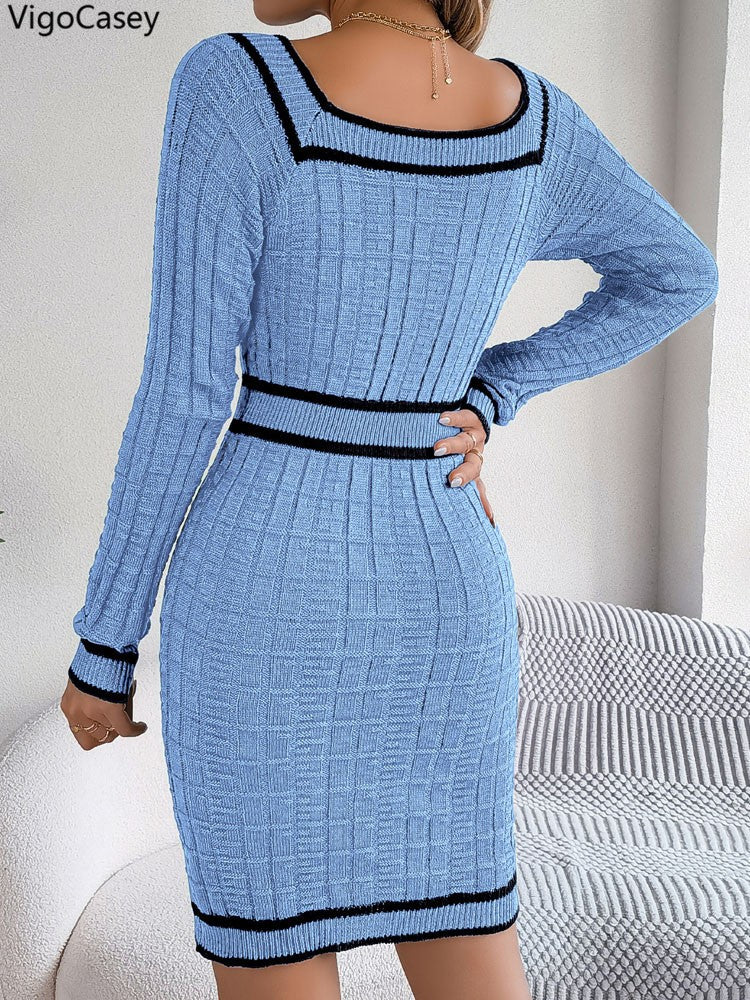 VigoCasey 2025 Women Blue Bodycon Knit Dress Autumn Winter Casual Long Sleeve Dress Lady Casual Square Neck Knitted Dresses
