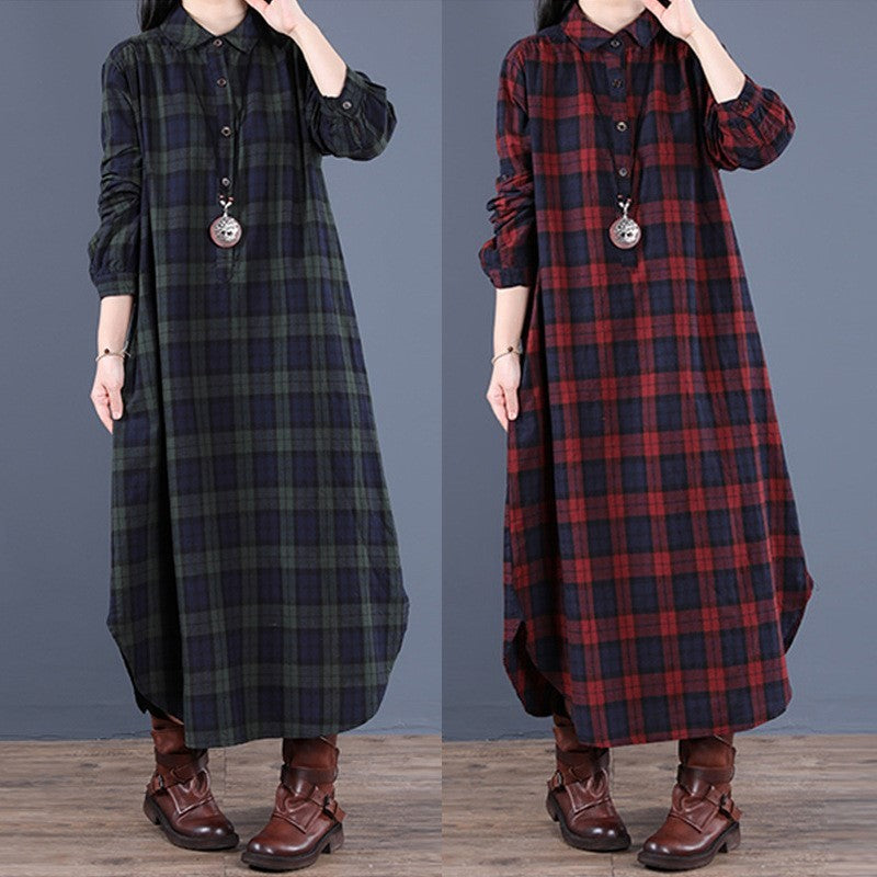Spring And Autumn New Women's Fashion Loose Splicing Plaid Collar Button Long Sleeve Dress Medium Length Shirt Maxi Dresses 2026