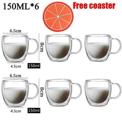 Caneca transparente de parede dupla 2-6 peças Copo de café e leite de vidro borossilicato alto resistente ao calor para casa e escritório