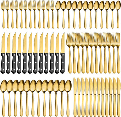 72-Pcs Gold Silverware Sets, Flatware Set with Steak Knives, Stainless Steel Cutlery Set, Include Forks Spoons and Knives Set.