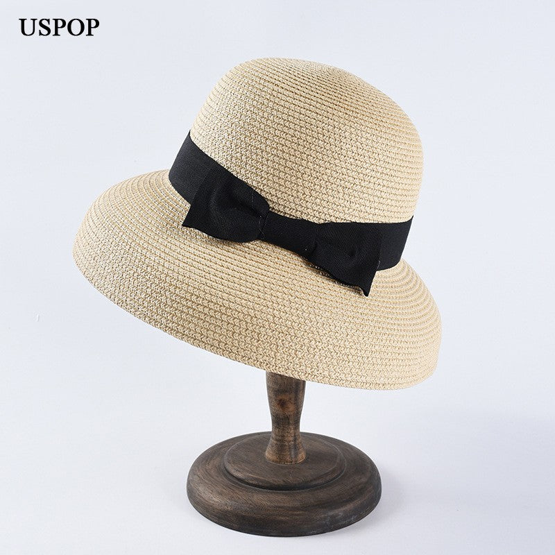 USPOP Novas chapéus de sol femininos moda laço chapéu de palha casual verão aba larga chapéu de praia feminino chapéu de verão