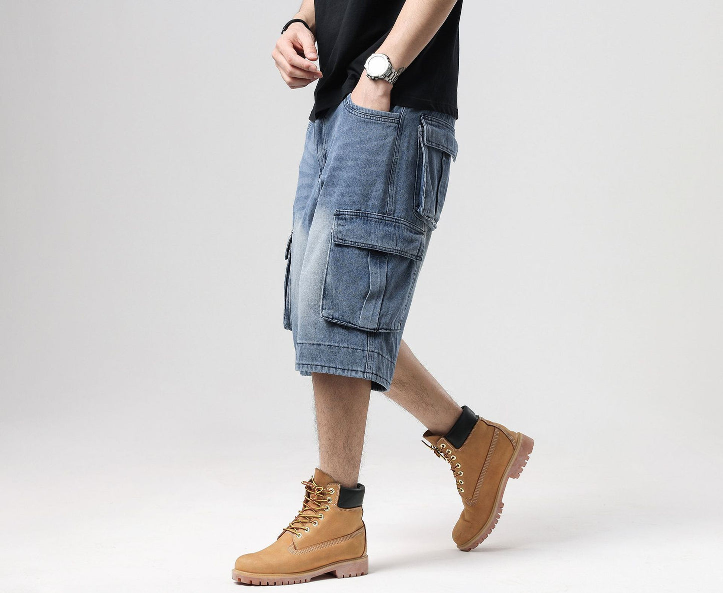 ABOORUN Mens Plus Size Loose Baggy Denim Shorts Fashion Streetwear Hip Hop Skateboard Cargo Jeans Short for Male R1402