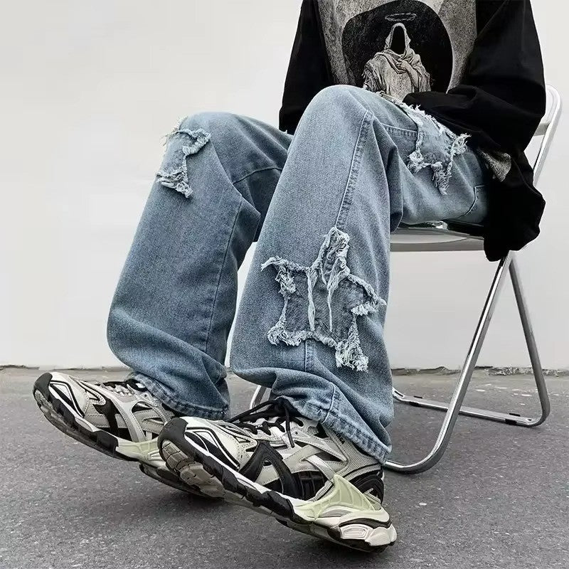 2025 Novas Estrelas da Moda Toalha Bordada Calças Jeans Marrons Masculinas Roupa Y2K Calças Retas Hip Hop de Algodão Pantalon Homme