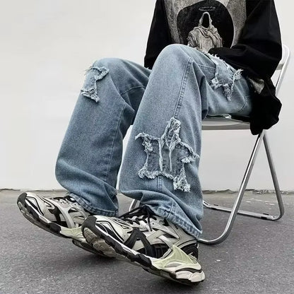 2025 Novas Estrelas da Moda Toalha Bordada Calças Jeans Marrons Masculinas Roupa Y2K Calças Retas Hip Hop de Algodão Pantalon Homme