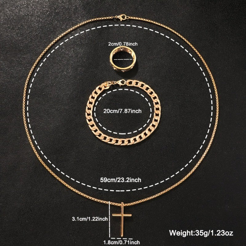 Conjunto de Joias de Aço Inoxidável 3 Peças para Homens Colar com Pingente de Cruz Corrente Pulseira Anel Conjunto Acessórios de Design Personalizado Presentes