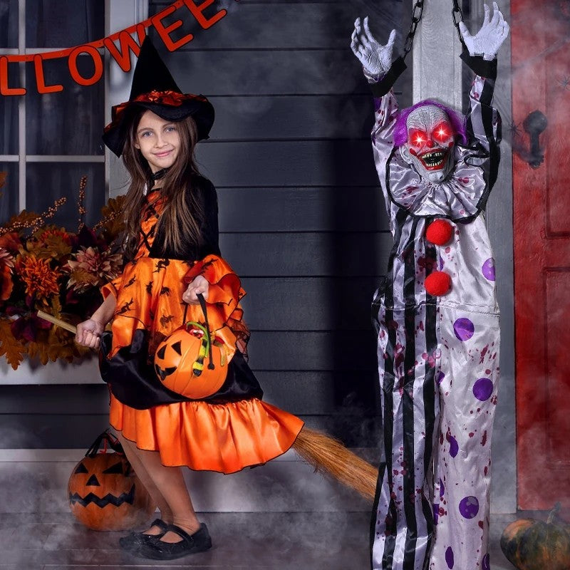 Decoração de Halloween Animatronics Palhaço Enfermeira Pendurado Controle por Voz Elétrico Exterior Assustador Liquidação Horror Adereços Casa Assombrada